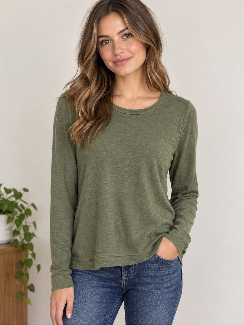 LOFT Olive Green Long Sleeve Crewneck Tee
